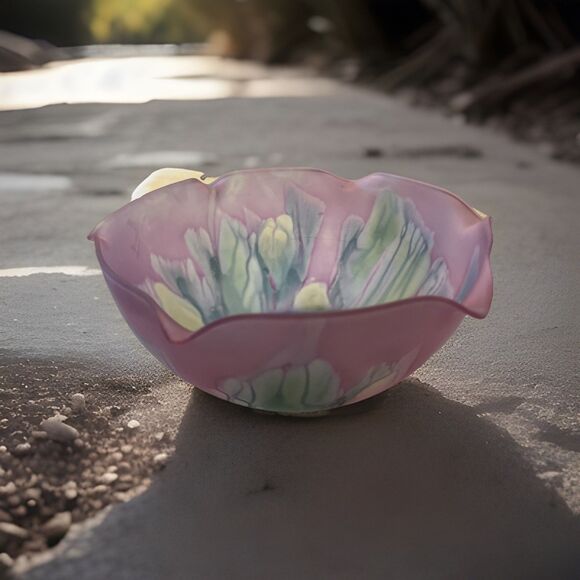Rueven Glass Bowl By Nouveau Art Glass Co., Inc USA 9 Inch Hand Painted Sticker - Picture 1 of 11